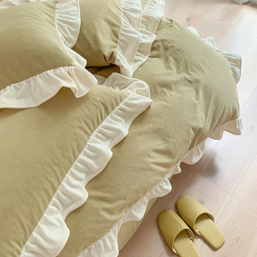 91家纺网 家纺一手货源 找家纺 时年 2021新款婴肤绒纯色花边款四件套 香草抹茶