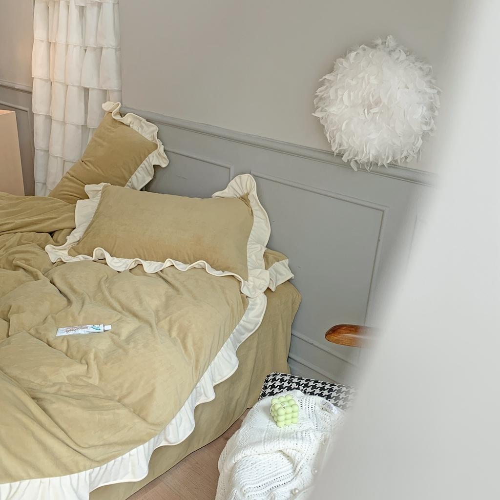 91家纺网 家纺一手货源 找家纺 时年 2021新款婴肤绒纯色花边款四件套 香草抹茶