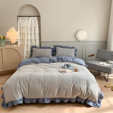 时年 2021新款婴肤绒纯色花边款四件套 丝绒蓝灰