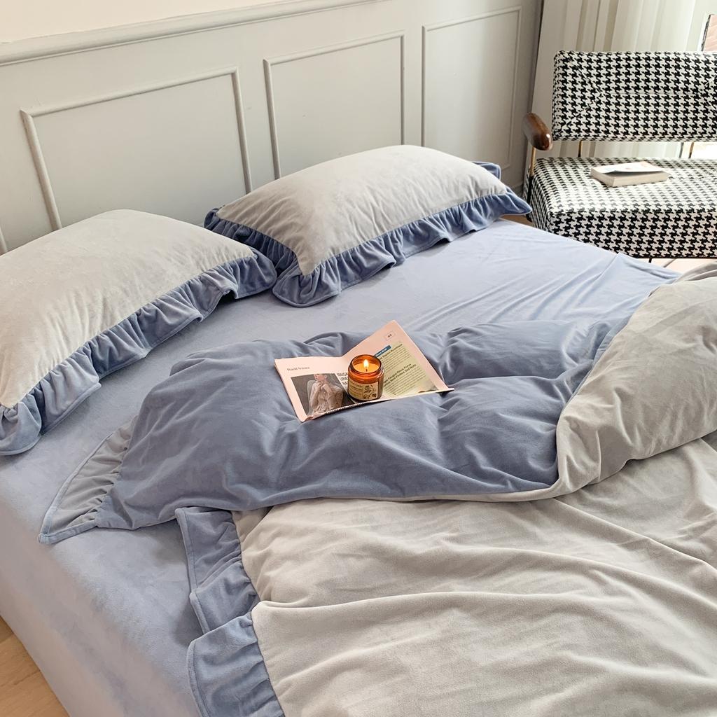 91家纺网 家纺一手货源 找家纺 时年 2021新款婴肤绒纯色花边款四件套 丝绒蓝灰