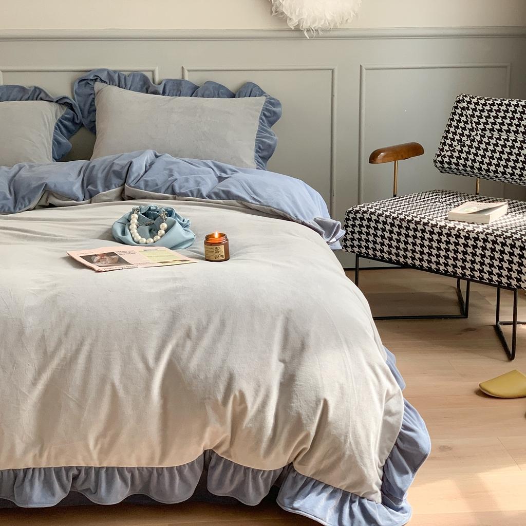 91家纺网 家纺一手货源 找家纺 时年 2021新款婴肤绒纯色花边款四件套 丝绒蓝灰