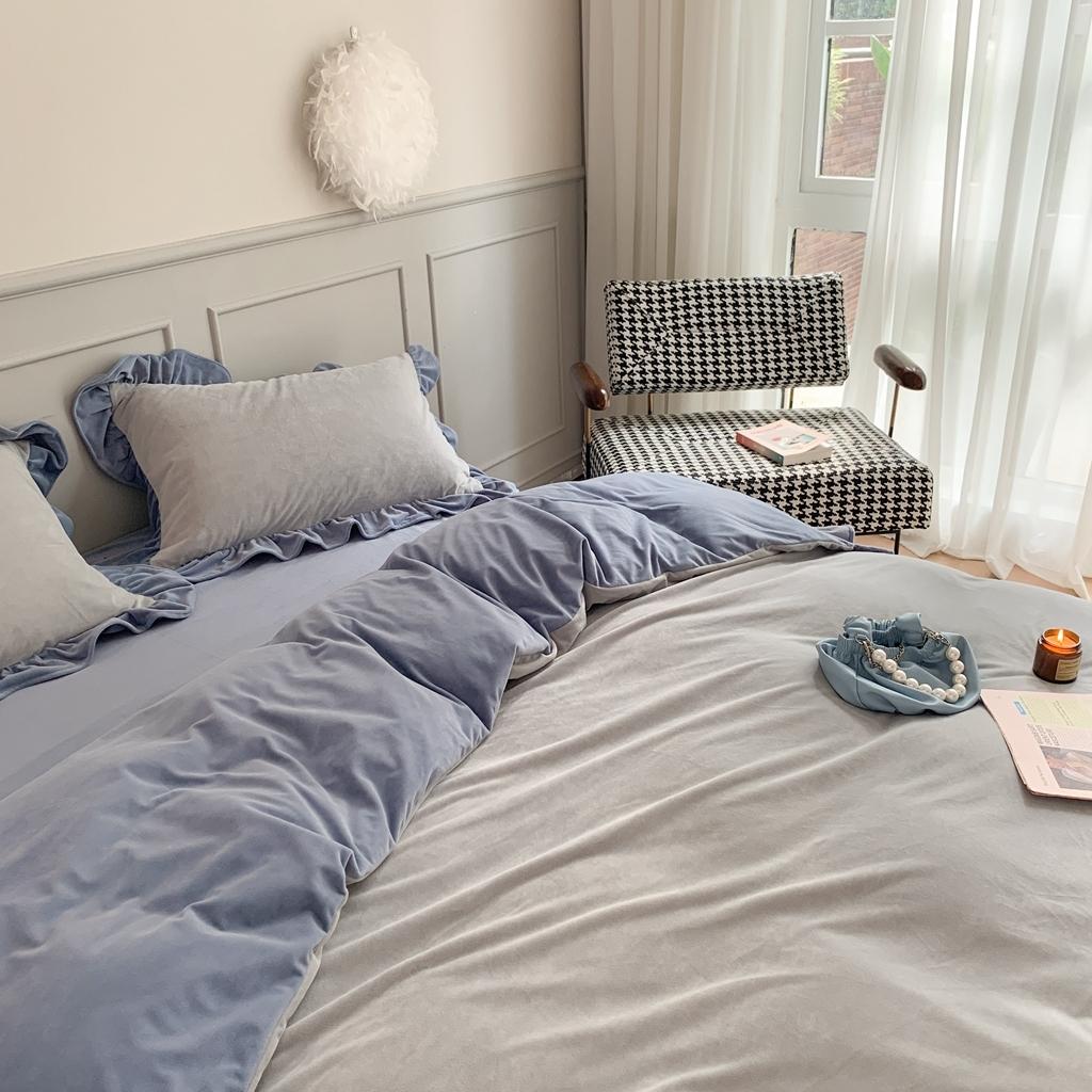 91家纺网 家纺一手货源 找家纺 时年 2021新款婴肤绒纯色花边款四件套 丝绒蓝灰