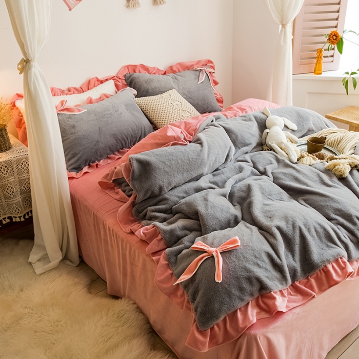 91家纺网 家纺一手货源 找家纺 琪格格 2020新款兔兔绒荷叶边四件套 兔兔绒韩版浅灰