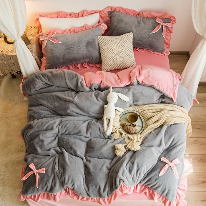 91家纺网 家纺一手货源 找家纺 琪格格 2020新款兔兔绒荷叶边四件套 兔兔绒韩版浅灰