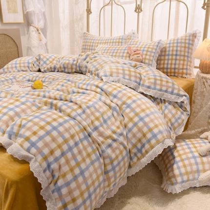 91家纺网 家纺一手货源 找家纺 芯贝儿 2020新款马卡龙牛奶绒蕾丝花边款格子系列四件套 马卡龙--姜黄