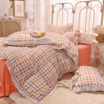 91家纺网 家纺一手货源 找家纺 芯贝儿 2020新款马卡龙牛奶绒蕾丝花边款格子系列四件套 马卡龙--桔色