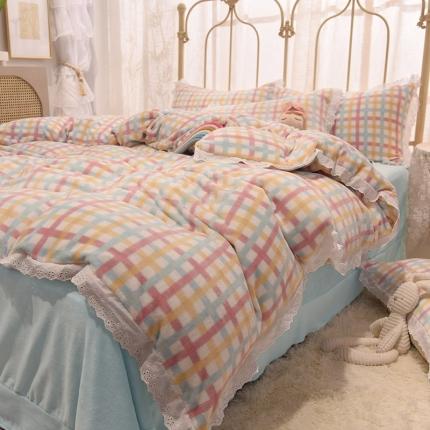 91家纺网 家纺一手货源 找家纺 芯贝儿 2020新款马卡龙牛奶绒蕾丝花边款格子系列四件套 马卡龙--兰