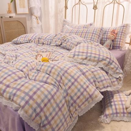 91家纺网 家纺一手货源 找家纺 芯贝儿 2020新款马卡龙牛奶绒蕾丝花边款格子系列四件套 马卡龙--浅紫