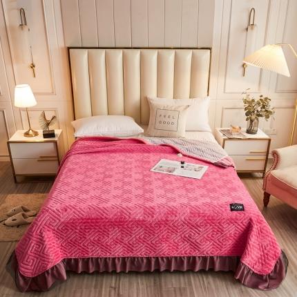 罗意席业 2020新款牛奶绒夹棉加厚色织床盖 粉色