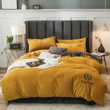 91家纺网 家纺一手货源 找家纺 琪格格 2020新款水晶绒简约款绣花四件套系列 都市B姜黄