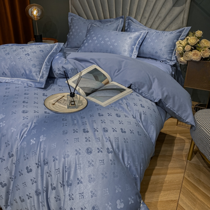 91家纺网 家纺一手货源 找家纺 眠帛家居全棉磨毛轻奢四件套A版贡缎提花B版全棉磨毛 爱维蓝