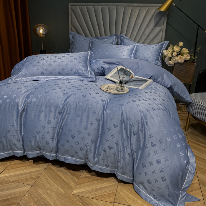 91家纺网 家纺一手货源 找家纺 眠帛家居全棉磨毛轻奢四件套A版贡缎提花B版全棉磨毛 爱维蓝