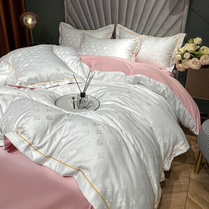 91家纺网 家纺一手货源 找家纺 眠帛家居全棉磨毛轻奢四件套A版贡缎提花B版全棉磨毛 爱维白