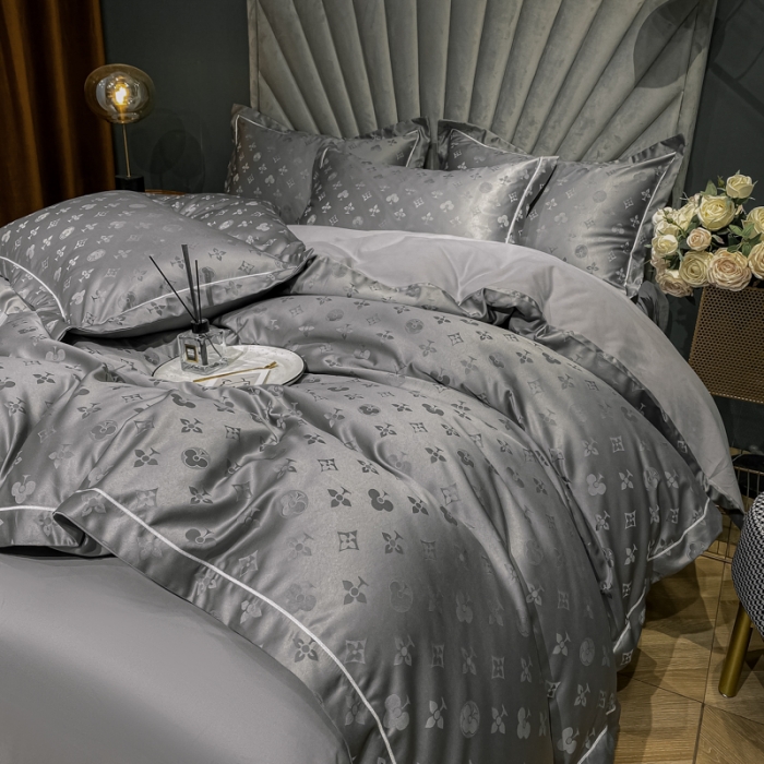 91家纺网 家纺一手货源 找家纺 眠帛家居全棉磨毛轻奢四件套A版贡缎提花B版全棉磨毛爱维高级灰