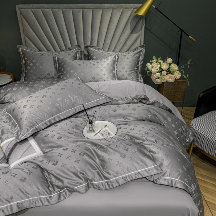 91家纺网 家纺一手货源 找家纺 眠帛家居全棉磨毛轻奢四件套A版贡缎提花B版全棉磨毛爱维高级灰
