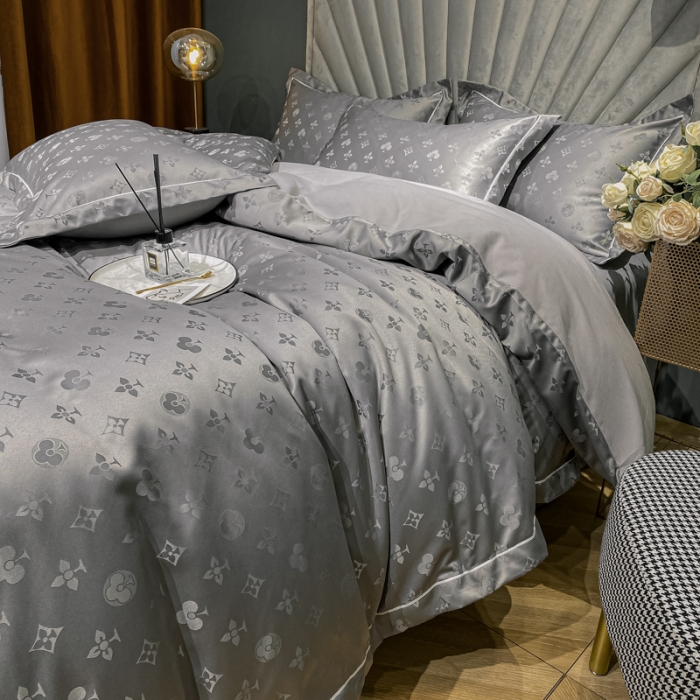 91家纺网 家纺一手货源 找家纺 眠帛家居全棉磨毛轻奢四件套A版贡缎提花B版全棉磨毛爱维高级灰