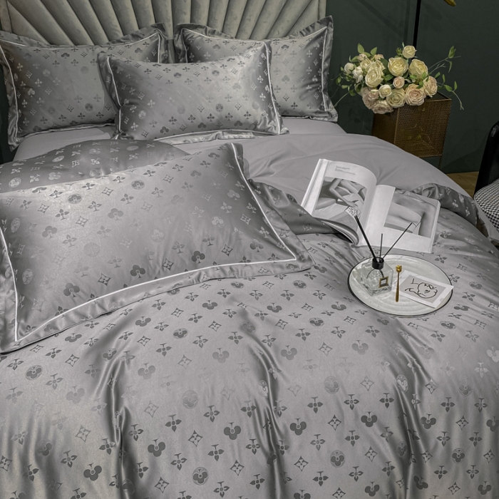 91家纺网 家纺一手货源 找家纺 眠帛家居全棉磨毛轻奢四件套A版贡缎提花B版全棉磨毛爱维高级灰