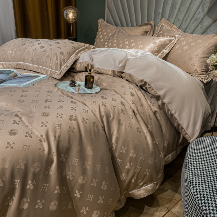91家纺网 家纺一手货源 找家纺 眠帛家居全棉磨毛轻奢四件套A版贡缎提花B版全棉磨毛 爱维香槟