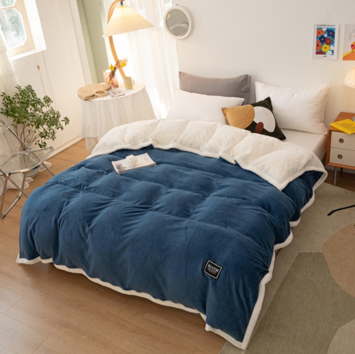 91家纺网 家纺一手货源 找家纺 棉生活 2020新款纯色多功能加厚牛奶绒贝贝绒被套毯 藏青