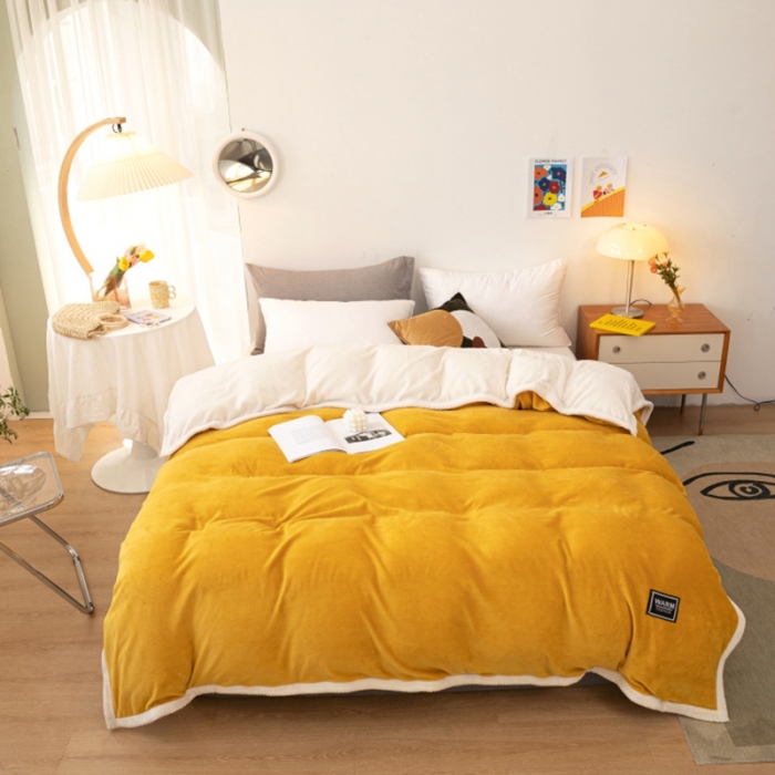 91家纺网 家纺一手货源 找家纺 棉生活 2020新款纯色多功能加厚牛奶绒贝贝绒被套毯 姜黄