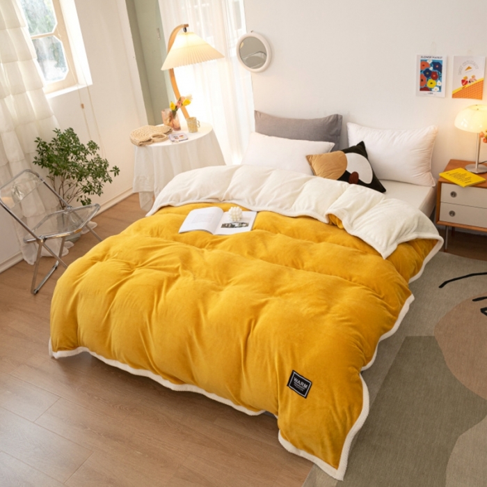 91家纺网 家纺一手货源 找家纺 棉生活 2020新款纯色多功能加厚牛奶绒贝贝绒被套毯 姜黄