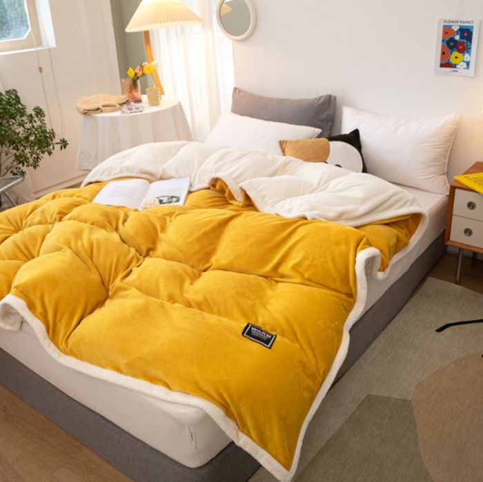 91家纺网 家纺一手货源 找家纺 棉生活 2020新款纯色多功能加厚牛奶绒贝贝绒被套毯 姜黄