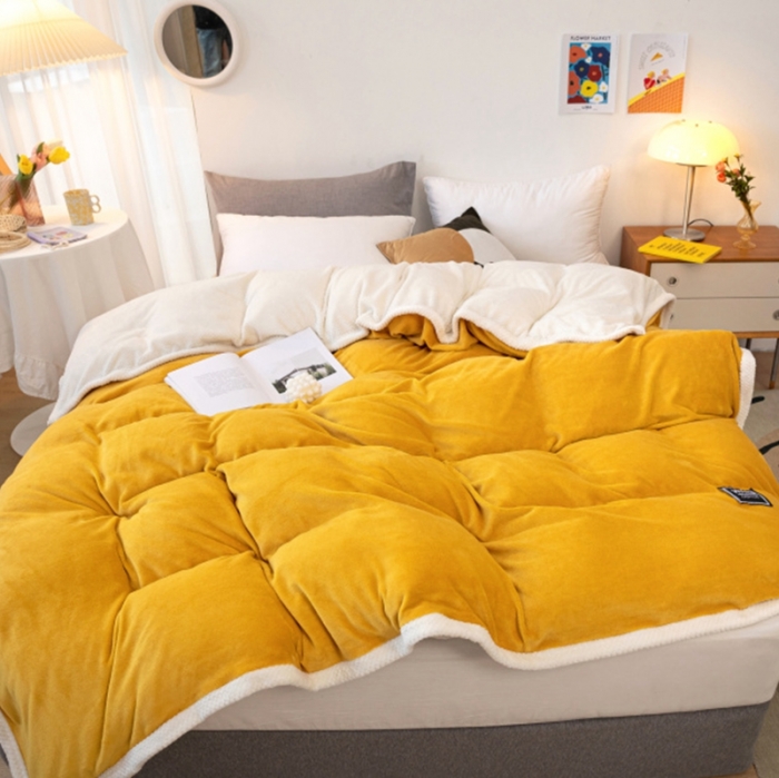 91家纺网 家纺一手货源 找家纺 棉生活 2020新款纯色多功能加厚牛奶绒贝贝绒被套毯 姜黄