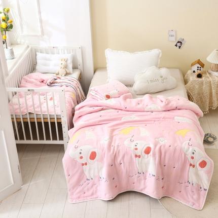 91家纺网 家纺一手货源 找家纺 朴尔2020新款全棉十层纱布加厚儿童盖被毛巾被 打伞的小象粉