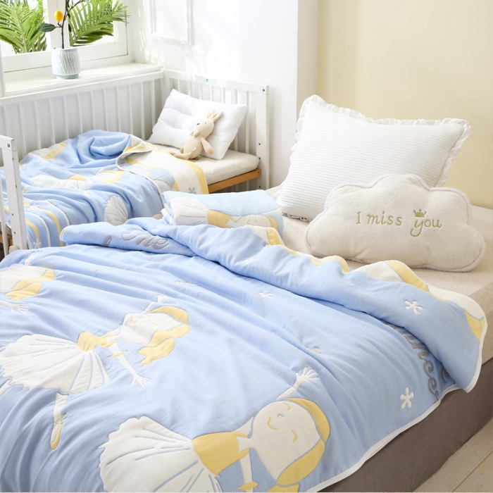 91家纺网 家纺一手货源 找家纺 朴尔2020新款全棉十层纱布加厚儿童盖被毛巾被 爱跳舞的姑娘兰