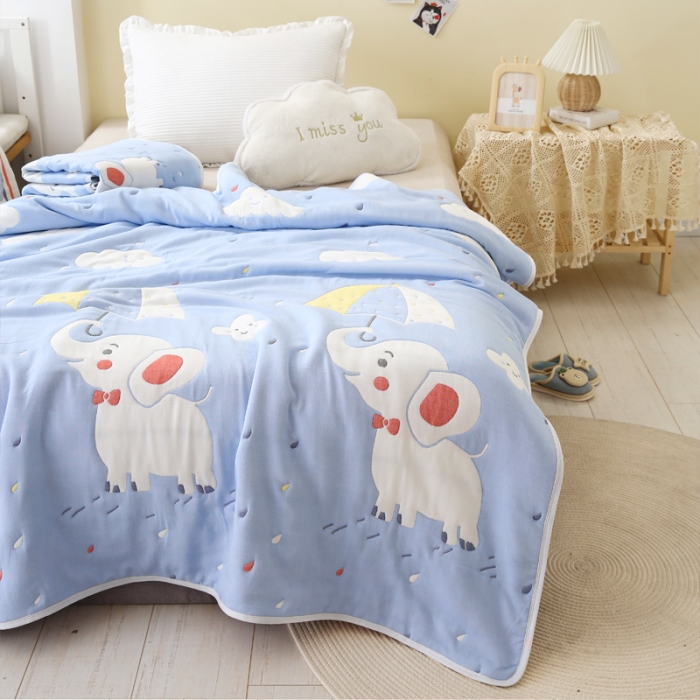 91家纺网 家纺一手货源 找家纺 朴尔2020新款全棉十层纱布加厚儿童盖被毛巾被 打伞的小象兰