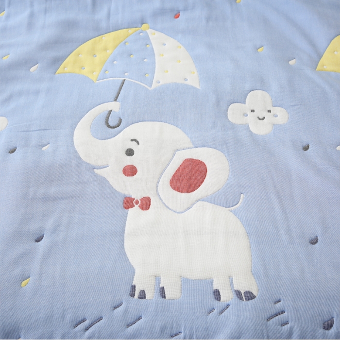 91家纺网 家纺一手货源 找家纺 朴尔2020新款全棉十层纱布加厚儿童盖被毛巾被 打伞的小象兰