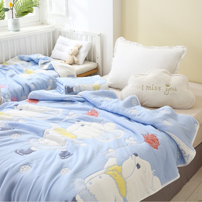 91家纺网 家纺一手货源 找家纺 朴尔2020新款全棉十层纱布加厚儿童盖被毛巾被 溜冰鼠兰
