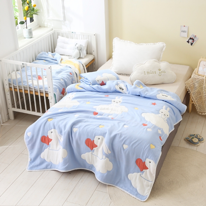 91家纺网 家纺一手货源 找家纺 朴尔2020新款全棉十层纱布加厚儿童盖被毛巾被 云朵兔兰