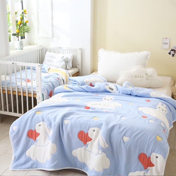 91家纺网 家纺一手货源 找家纺 朴尔2020新款全棉十层纱布加厚儿童盖被毛巾被 云朵兔兰