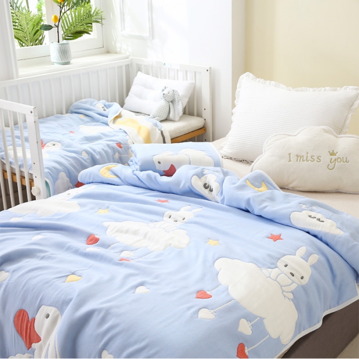 91家纺网 家纺一手货源 找家纺 朴尔2020新款全棉十层纱布加厚儿童盖被毛巾被 云朵兔兰