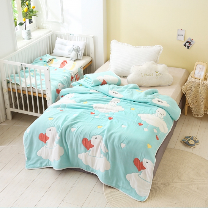 91家纺网 家纺一手货源 找家纺 朴尔2020新款全棉十层纱布加厚儿童盖被毛巾被 云朵兔绿