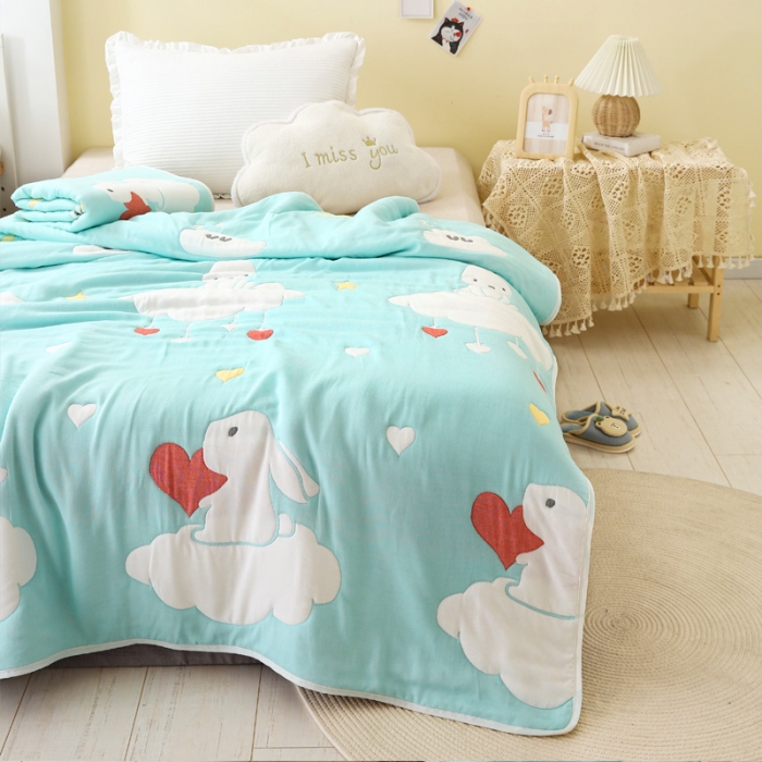 91家纺网 家纺一手货源 找家纺 朴尔2020新款全棉十层纱布加厚儿童盖被毛巾被 云朵兔绿