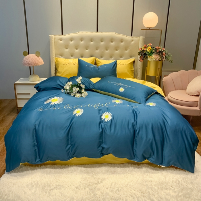 91家纺网 家纺一手货源 找家纺 眠帛家居 2020新款贡缎全棉绣花系列 雏菊月光蓝