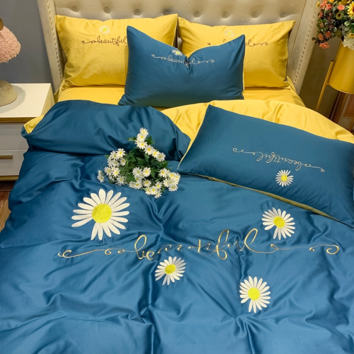 91家纺网 家纺一手货源 找家纺 眠帛家居 2020新款贡缎全棉绣花系列 雏菊月光蓝