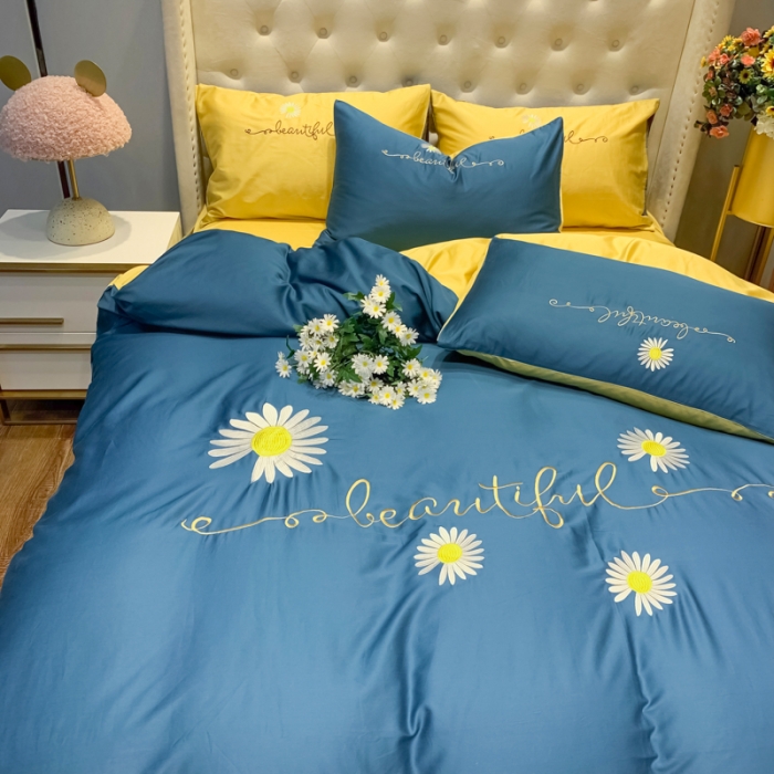 91家纺网 家纺一手货源 找家纺 眠帛家居 2020新款贡缎全棉绣花系列 雏菊月光蓝