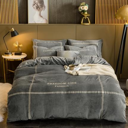 91家纺网 家纺一手货源 找家纺 琪格格 2020新款双面牛奶绒刺绣四件套 轻奢深灰