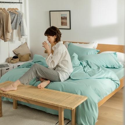 窝米 2020新款40s纯色磨毛四件套花边系列 湖蓝