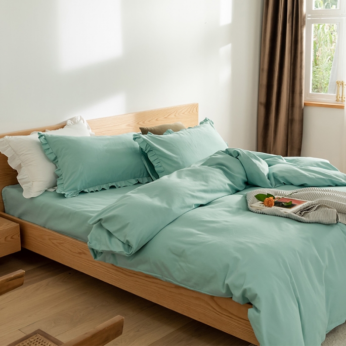 91家纺网 家纺一手货源 找家纺 窝米 2020新款40s纯色磨毛四件套花边系列 湖蓝