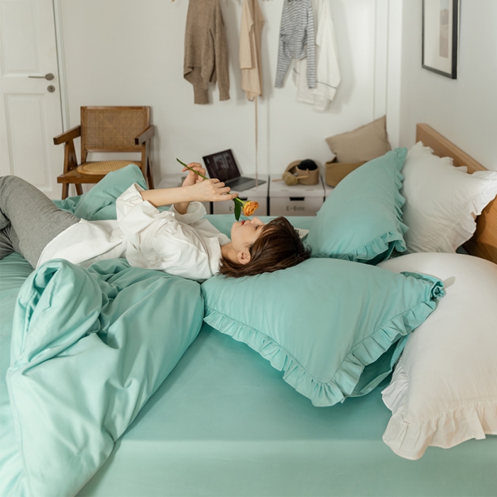 91家纺网 家纺一手货源 找家纺 窝米 2020新款40s纯色磨毛四件套花边系列 湖蓝