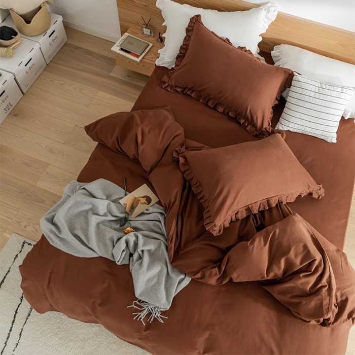 91家纺网 家纺一手货源 找家纺 窝米 2020新款40s纯色磨毛四件套花边系列 焦糖