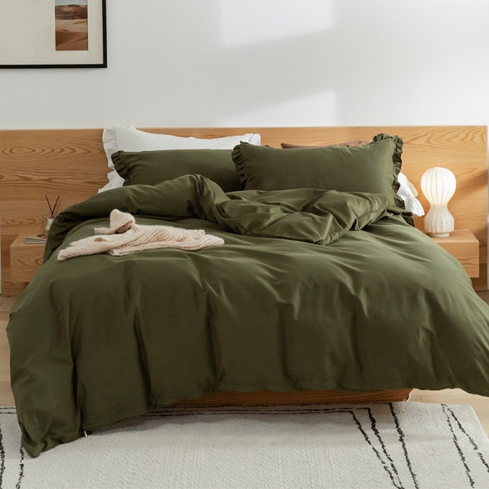 91家纺网 家纺一手货源 找家纺 窝米 2020新款40s纯色磨毛四件套花边系列 墨绿