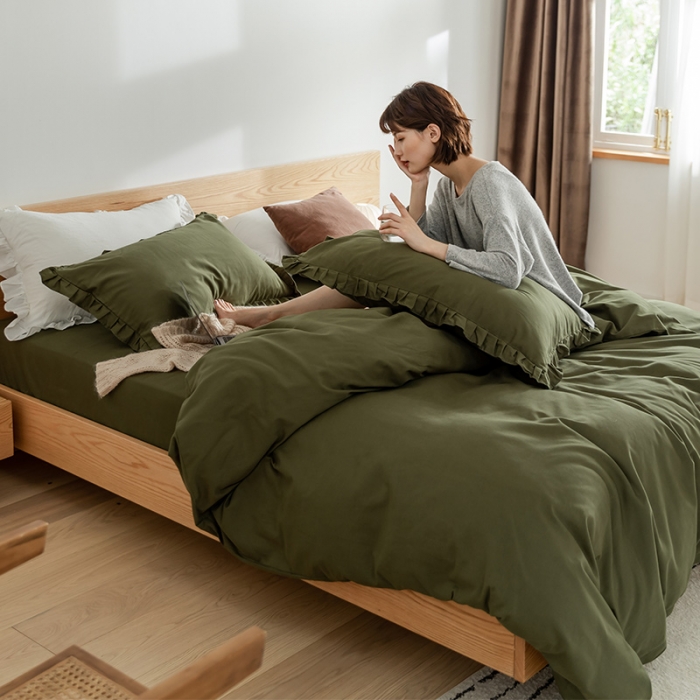 91家纺网 家纺一手货源 找家纺 窝米 2020新款40s纯色磨毛四件套花边系列 墨绿