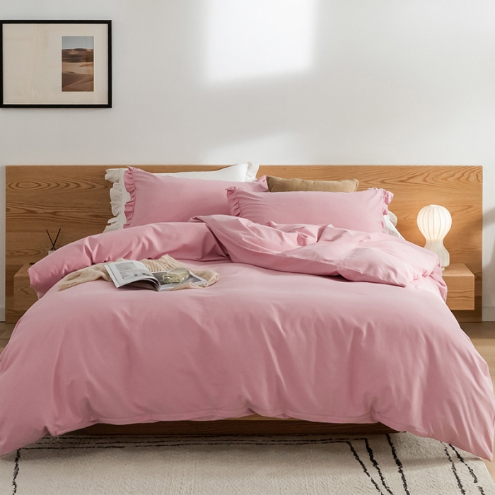 91家纺网 家纺一手货源 找家纺 窝米 2020新款40s纯色磨毛四件套花边系列 藕粉