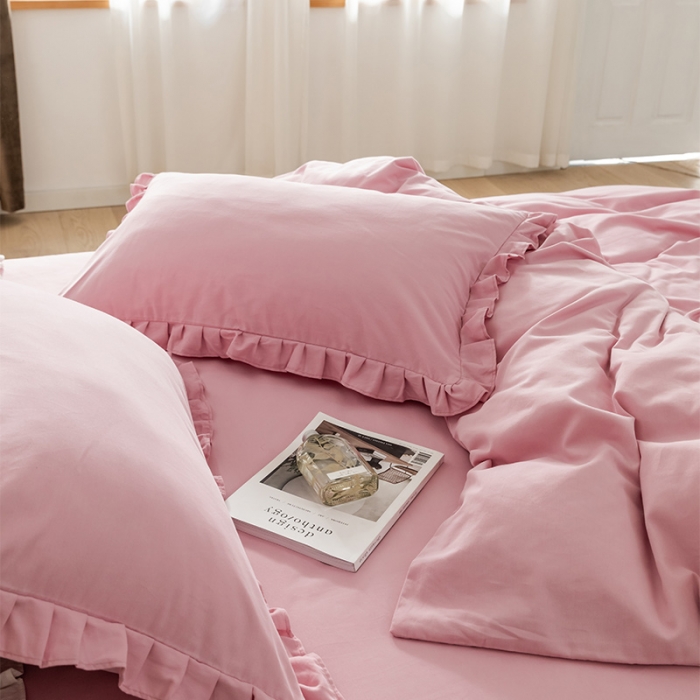 91家纺网 家纺一手货源 找家纺 窝米 2020新款40s纯色磨毛四件套花边系列 藕粉