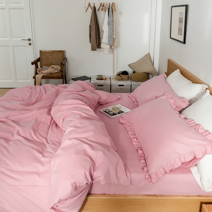 91家纺网 家纺一手货源 找家纺 窝米 2020新款40s纯色磨毛四件套花边系列 藕粉